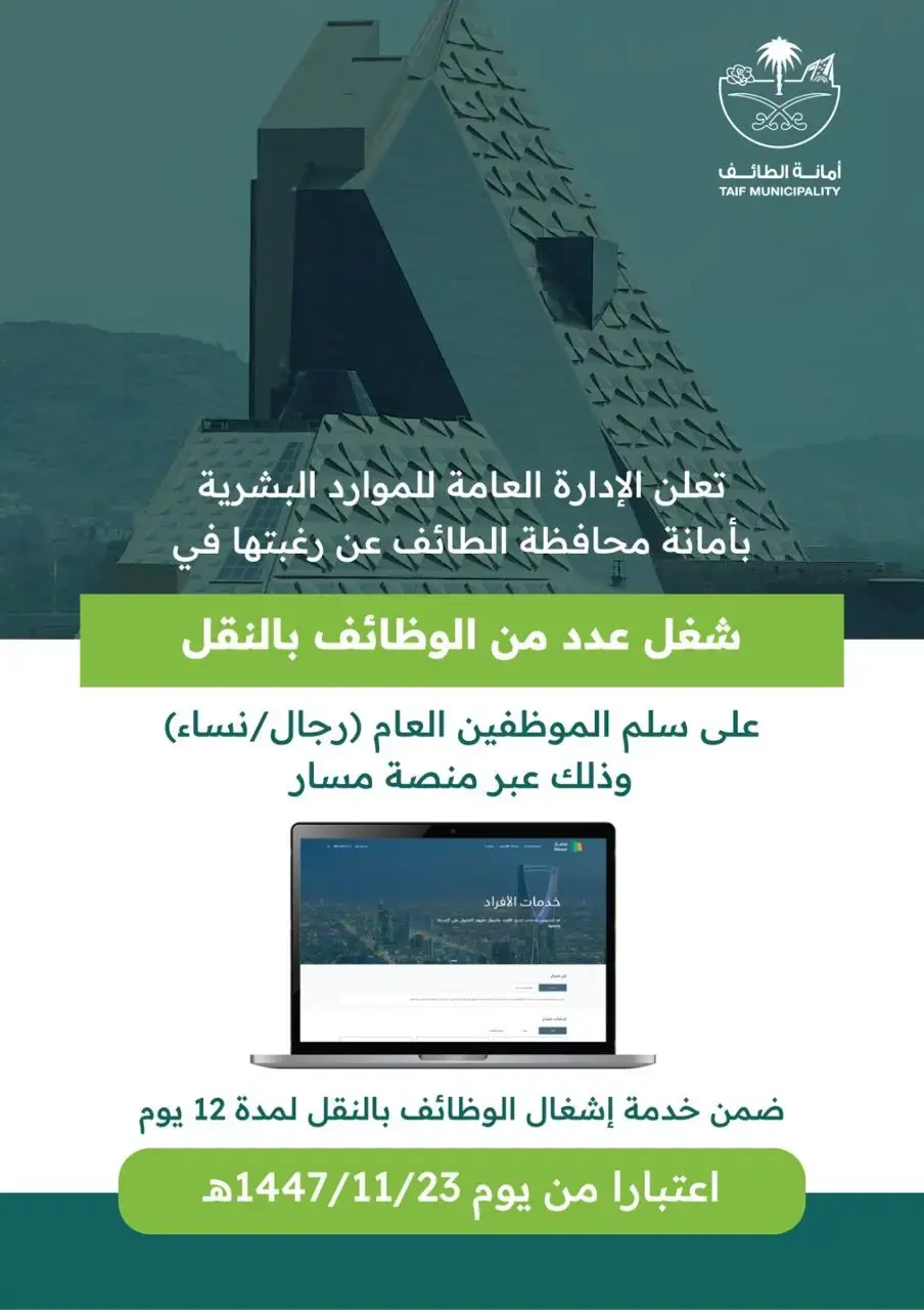 أمانة محافظة الطائف تعلن وظائف بالنقل الوظيفي عبر منصة مسار