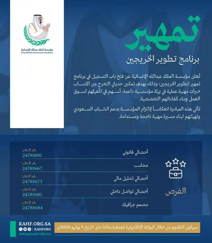 إعلان برامج تطوير الخريجين في مؤسسة الملك عبدالله الإنسانية عبر تمهير