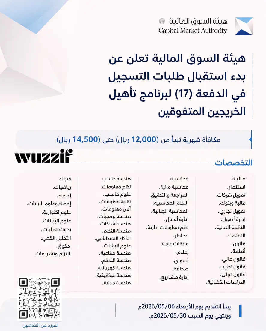 إعلان برنامج هيئة السوق المالية 2026 للخريجين المتفوقين برواتب 14,500 ريال