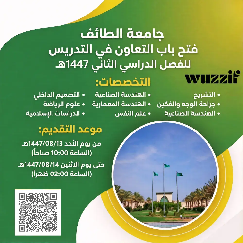 إعلان وظائف أكاديمية بنظام التعاون في جامعة الطائف لحملة الدكتوراه