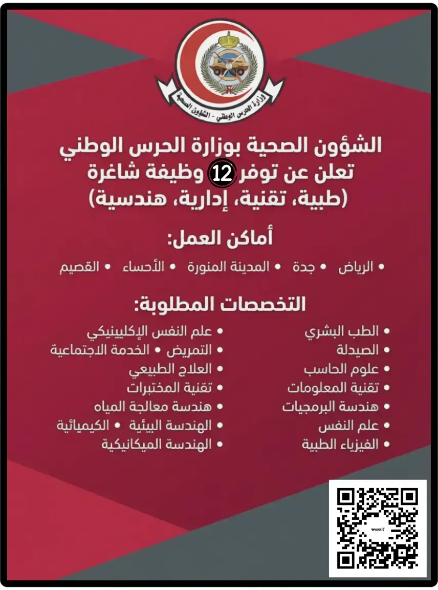 إعلان 12 وظيفة صحية شاغرة في الشؤون الصحية بوزارة الحرس الوطني