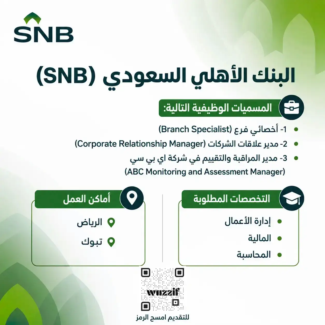 البنك الأهلي السعودي يعلن (3) وظائف إدارية شاغرة لحملة البكالوريوس