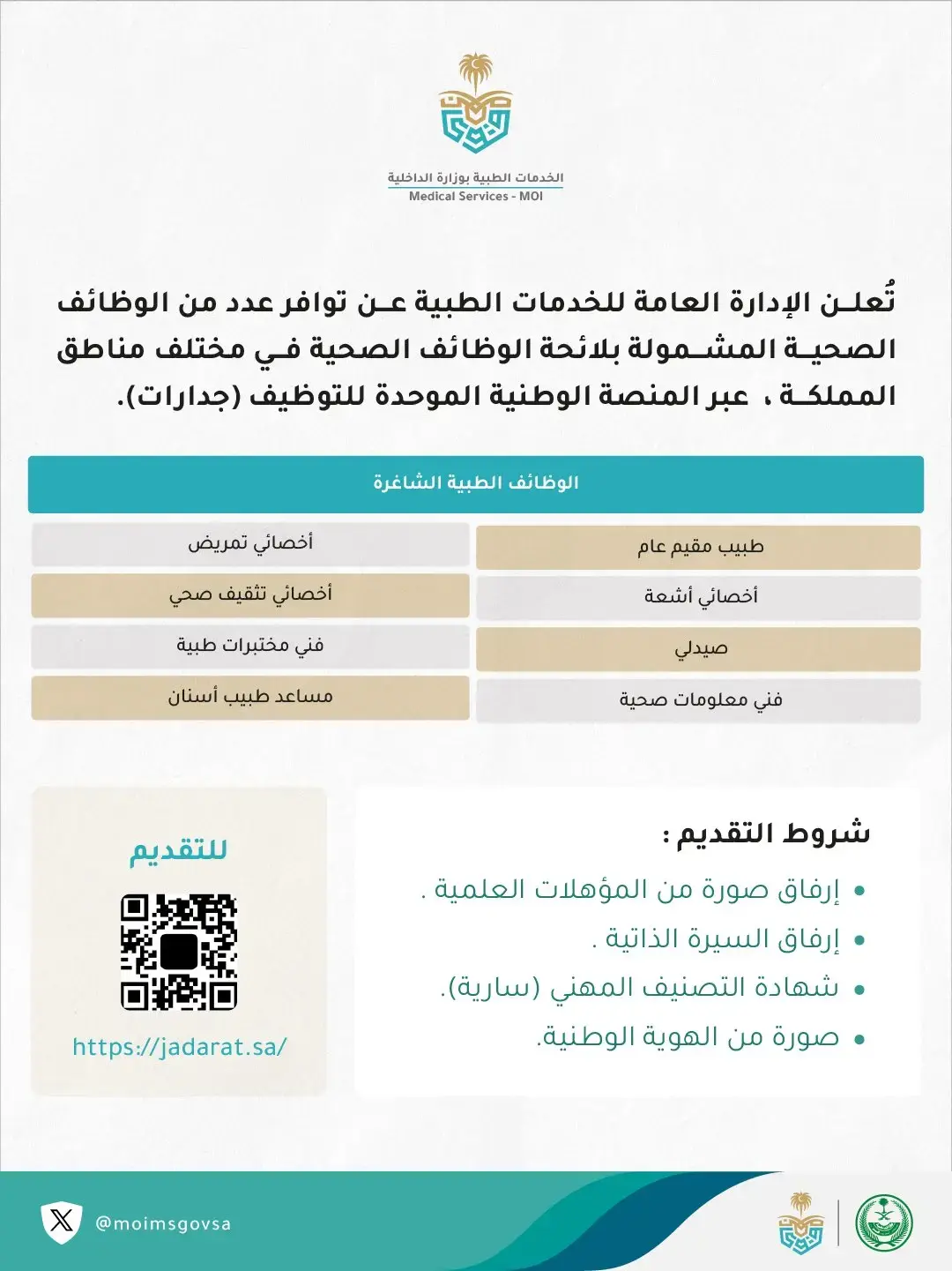 إعلان (46) وظيفة شاغرة في الخدمات الطبية بوزارة الداخلية – عبر جدارات