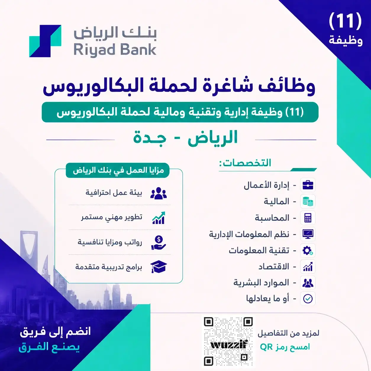 بنك الرياض يعلن 11 وظيفة إدارية وتقنية شاغرة لحملة البكالوريوس