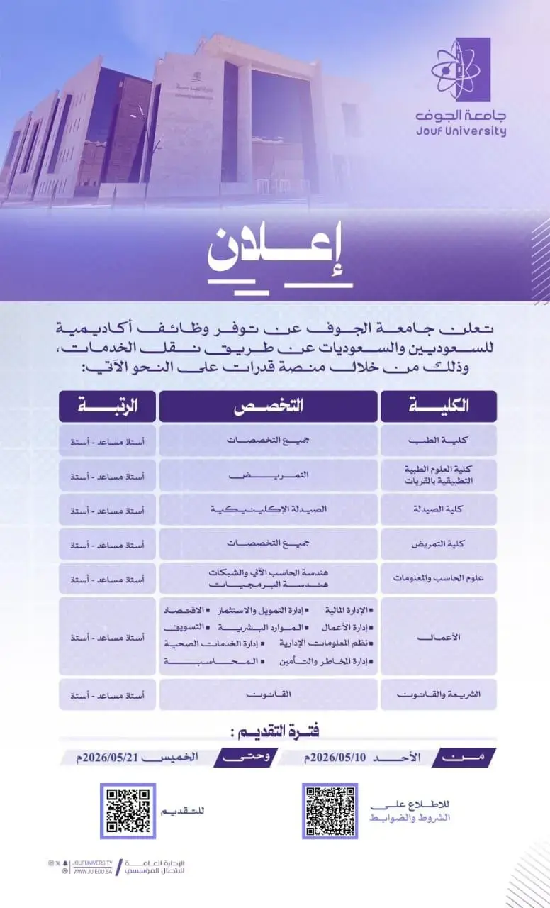 إعلان وظائف أكاديمية شاغرة في جامعة الجوف عبر منصة قدرات – بنظام نقل الخدمات