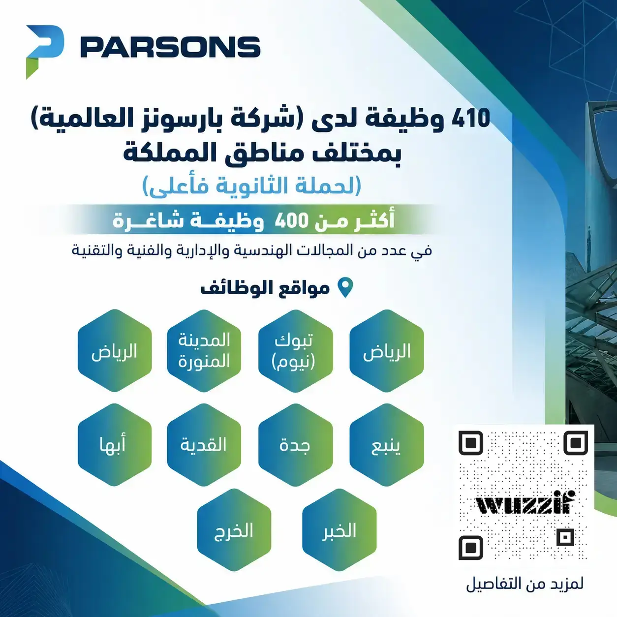 شركة بارسونز تعلن 400 وظيفة هندسية وإدارية شاغرة لحملة الثانوية