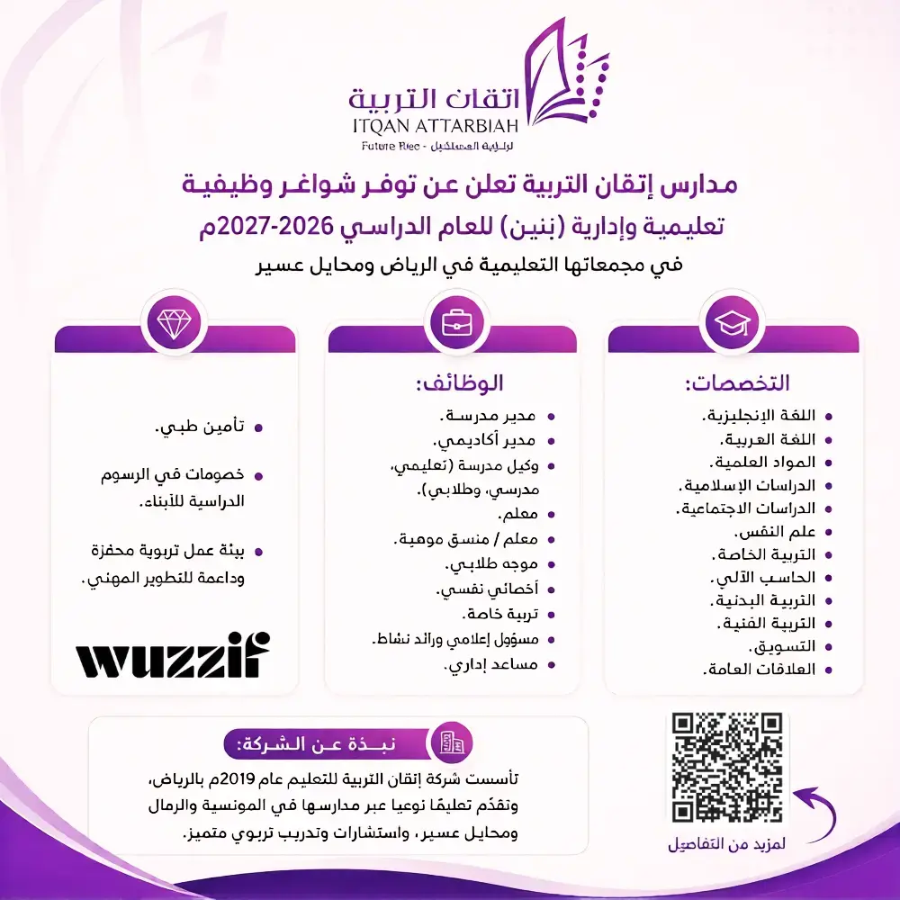 مدارس إتقان التربية تعلن 13 وظيفة تعليمية وإدارية شاغرة للرجال