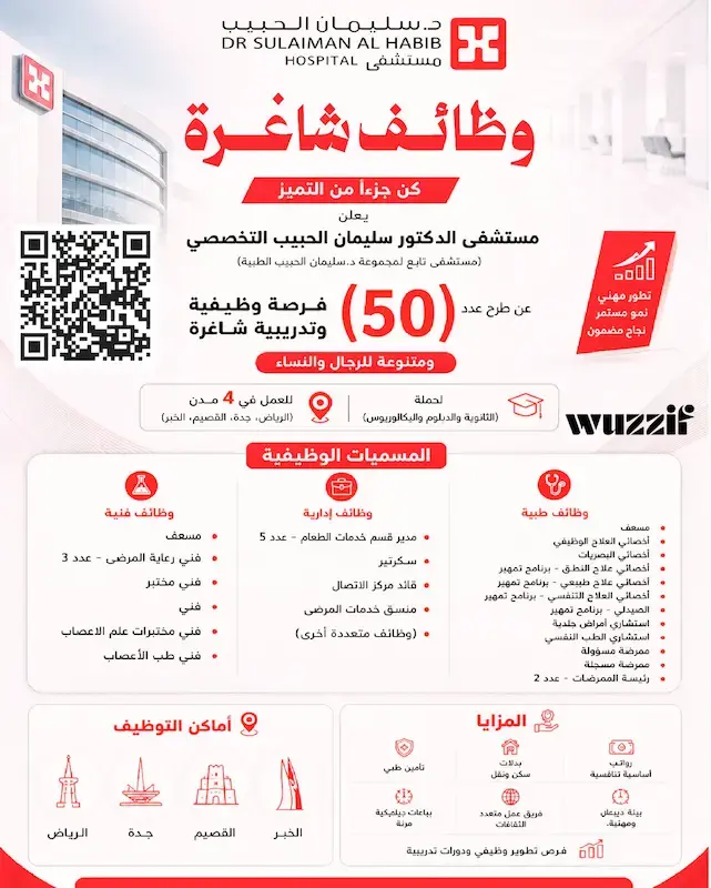مستشفى سليمان الحبيب يعلن (50) وظيفة صحية وإدارية شاغرة – عدة مدن