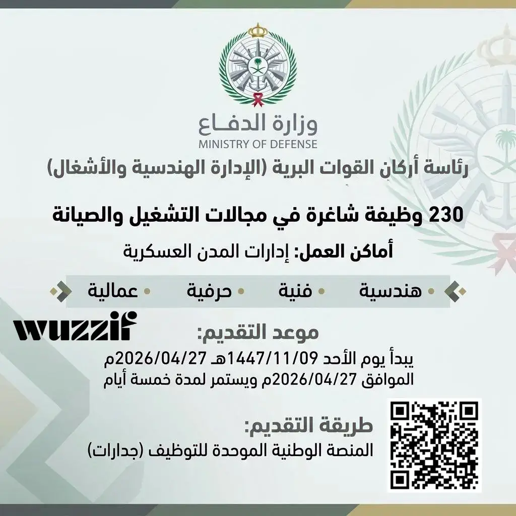 وزارة الدفاع تعلن عن 230 وظيفة شاغرة في مجالات التشغيل والصيانة عبر منصة جدارات